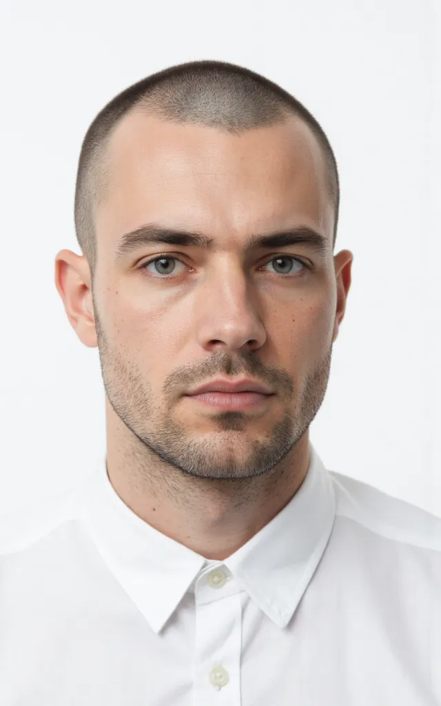 A French male model with a Bald, wearing a shirt, against a white background, in a front   facing bust portrait